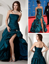 Ink Blue Celebrity Dress Taffeta A Line Strapless Split Red Carpet Dress With Train