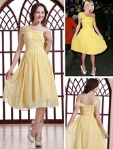 Chiffon Celebrity Yellow Dress Paris Hilton Daffodil Satin One Shoulder Bridesmaid Dress