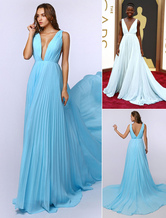 Celebrity Dresses Aqua Evening Dress Plunge Neck Celebrity Dress Chiffon A Line Pleated Oscar Dress With Court Train
