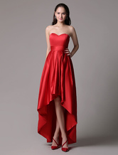 Red Prom Dresses 2024 Short Strapless Backless Cocktail Dress Sweetheart Satin Ruched High Low Party Dress
