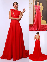 Celebrity Dresses A Line Red Chiffon Flower Court Train Evening Dress Inspired By Olga Kurylenko At Oscar