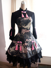 Vestido de Lolita de Qi negro uma peça com mangas compridas Sakura Crane impressão