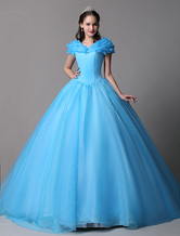Cyan Ball Gown Dress Organza Cinderella Off The Shoulder Quinceanera Dress With Sweep Train