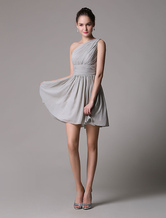 Pretty Light Slate Gray Short A-Line Cocktail Dress with One-Shoulder Ruched 