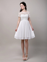 Fabelhaftes A-Linie-Brautkleid aus Chiffon mit Rundkragen mit Spitzen knielang in Elfenbeinfarbe