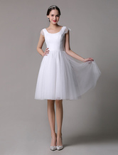 Short Simple Wedding Dress 2024 Tulle Scoop Neckline Lace Cap Sleeves Knee Length Bridal Dress Free Customization