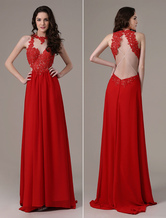 Red Lace Chiffon Dress With Illusion Neckline And Criss Cross Back