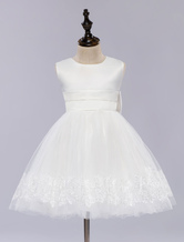 Vestido de Menina das Flores Vestido de estilo branco Princess Sem Mangas Comprimento do joelho Vestido de jantar de menina
