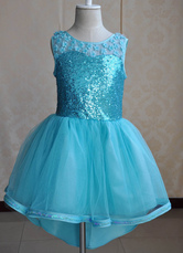 Cenicienta vestido alto-bajo de niño desfile Vestido de bola vestido de princesa lentejuelas hasta la rodilla vestido de azul