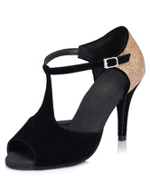 Magnétiques chaussures danse latine Paillette noir à talons aigus T-bracelet bicolore peep-toe 