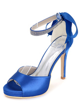 Zapatos de novia de satén Zapatos de Fiesta de tacón de stiletto Zapatos azul Zapatos de boda de puntera abierta 11cm con cinta 1.5cm