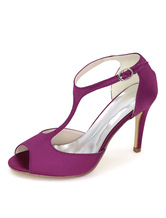 Purple Mother Shoes Satin Wedding Shoes Peep Toe T Type High Heels