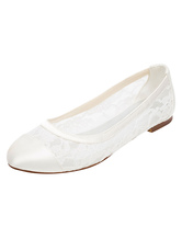 Lace Wedding Shoes Flat Ivory Pumps Round Slip-on Bridal Shoes