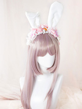 Sweet Lolita Headbands Cute Pink Bow Flower Lace Lolita Headband With White Bunny Ears
