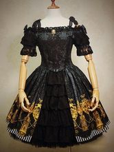 Gothic Lolita Dress Black Bow Printed Ruffles Jacquard Gothic Lolita Dress Suit With Lace Embroidered