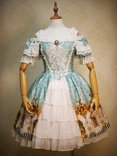 Gothic Lolita Dress Light Blue Lace Embroidered Bow Royal Printed Rococo Lolita Dress Suit With Ruffles