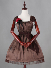Gothic Lolita Dress Brown Printed Short Sleeves Gothic Lolita Dresses Wiht Chiffon Waist Belt