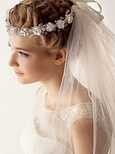 Ivory Wedding Veil Tulle 1-Tier Cut Edge Bridal Veil With Flower Crown