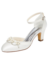 Zapatos de novia de seda sintética 6cm Zapatos de Fiesta Zapatos marfil de tacón gordo Zapatos de boda de puntera redonda con perlas
