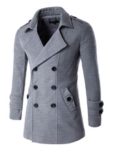 Men Pea Coat Gray Double Breasted Cotton Overcoat Turndown Collar ...