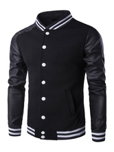 Men Baseball Jacket Black Leather Sleeve Stand Collar Varsity Jacket ...