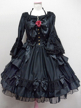 Vestido clásico de Lolita OP Alice Hime negro de manga larga de encaje con volantes y lazo de botón Vestido de una pieza de Lolita con flores rojas