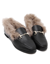 black faux fur loafer slides