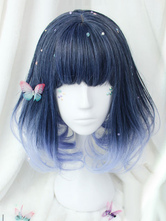 Perruque Harajuku Lolita Courte Bouclée Frange Frange Violet Royal Fibre Résistante à la Chaleur Perruques Lolita
