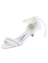 Zapatos de novia de seda sintética Zapatos de Fiesta de tacón de kitten Zapatos blanco Zapatos de boda de puntera abierta 4cm con perlas