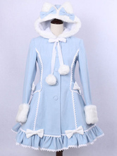Manteau Lolita populaire en laine bleu clair bicolore avec noeud à capuche doux manches longues Déguisements Halloween