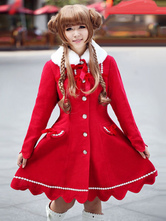 Manteau Lolita adorable en cachemire rouge bicolore avec lacets col à revers doux manches longues Déguisements Halloween