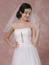 Ivory Wedding Veil Tulle Two-Tier Pearl Trim Edge Bridal Veil