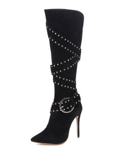 Suede Knee High Boots Stiletto Pointed Toe Rhinestone Buckle Black ...