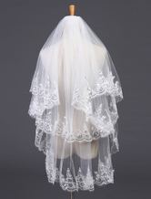 Two-Tier Wedding Veil Tulle Lace Applique Edge Bridal Veil With Comb