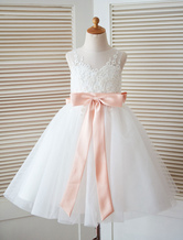 White Flower Girl Dress Princess Satin Bow Lace Sleeveless Tulle Tea-Length Pageant Dress