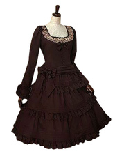 Vestito da Lolita color daino scuro gotico cotone maniche lunghe con scollo tondo 