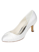 Ivory Wedding Shoes Silk Kitten Heel Round Toe Pleated Slip On Bridal Pumps