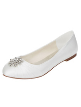 Ivory Wedding Shoes Silk Rhinestone Pleated Round Toe Slip On Bridal Flat Pumps