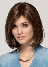 Perruques femmes courtes droites avec séparation latérale brun noir perruques de cheveux synthétiques avec extrémités intérieures