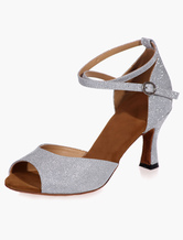 Glitter Ballroom Shoes Silver Peep Toe Criss Cross Latin Dance Shoes