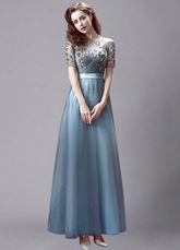 Ink Blue Prom Dress 2024 Illusion Tulle Party Dress Applique Short Sleeve Ankle Length Homecoming Dress