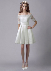 Ivory Wedding Dress Knee-Length Off-The-Shoulder Sash Satin Wedding Gown