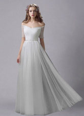 Ivory Wedding Dress Off-The-Shoulder Sash Rhinestone Bridal Gown Free Customization