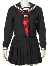 Black Uniform Tie Pleated Stripes Cotton Blend Costume 