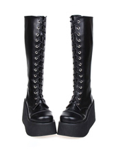 Lolitashow Black Lolita Platform Shoes Street Wear PU Leather Boots