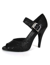 Glitter Ballroom Shoes Preto Peep Toe Fivela Detalhe Latin Dance Shoes Mulheres Tango Shoes