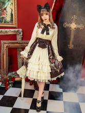 Gothic Lolita Clothing Bow Printed High Waist Lolita Skirt Layers Ruffles Lolita Sk With Lace Trim