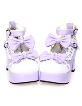 Lolitashow Dolce Pony tacchi Lolita scarpe piattaforma archi bianco Trim caviglia cinturino cuore forma fibbie