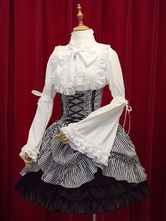 Classique taille haute Jupe Lolita noire élégante luxueuse excellente en coton avec rayure et noeuds Déguisements Halloween