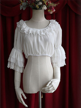 Blusa branca Lolita do Chiffon Hime médio mangas laço guarnição cintura alta
